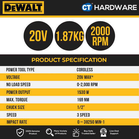 DEWALT DCD1007H1T-B1 CORDLESS HAMMER DRILL 20V 1/2" 13MM 169NM COME WITH 1x DCBP520 POWERSTACK BATTERY  &  1x CHARGER