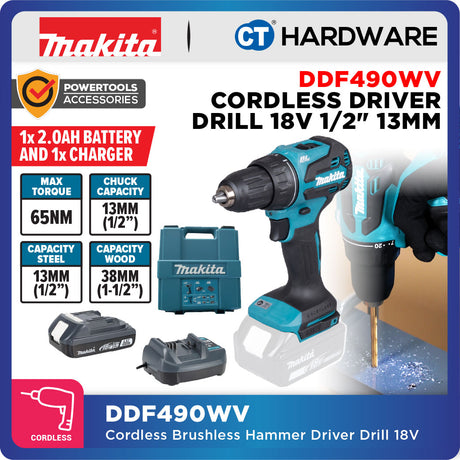 MAKITA DDF490Z | DDF490WV | DDF490SF1J CORDLESS DRIVER DRILL 18V | 1/2" | 13MM | 65NM | 500-1900RPM