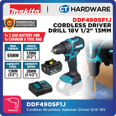 MAKITA DDF490Z | DDF490WV | DDF490SF1J CORDLESS DRIVER DRILL 18V | 1/2" | 13MM | 65NM | 500-1900RPM