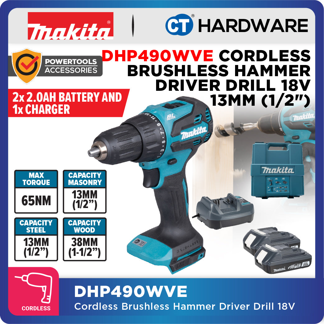 Makita DHP490Z/ WVE/ SFX1 LXT 18V Cordless Brushless Hammer Driver Drill 13mm 65NM (Body Only | 1-Battery | 2-Battery)