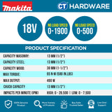 MAKITA DHP490Z | DHP490WV | DHP490SFX1 CORDLESS BRUSHLESS HAMMER DRIVER DRILL 18V 1/2" 13MM 65NM