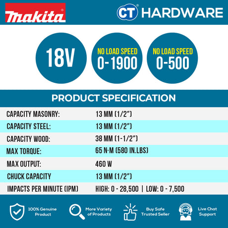 Makita DHP490Z/ WVE/ SFX1 LXT 18V Cordless Brushless Hammer Driver Drill 13mm 65NM (Body Only | 1-Battery | 2-Battery)