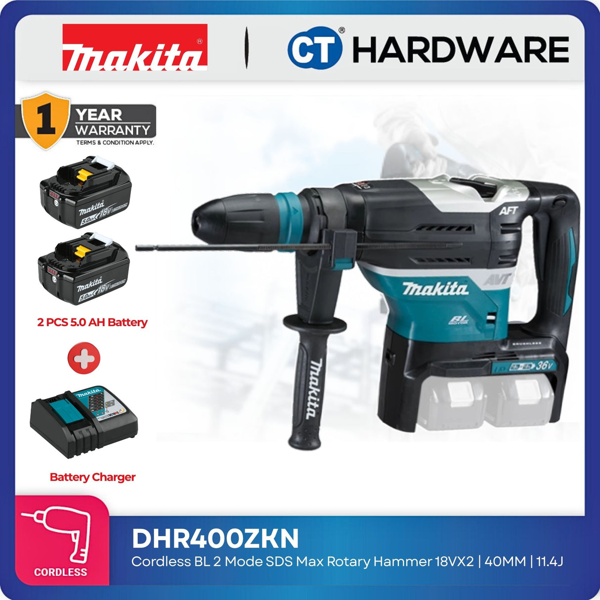 MAKITA DHR400ZKN CORDLESS ROTARY HAMMER 40MM (1-9/16") 18Vx2 (2-MODE) (BRUSHLESS MOTOR) [Set Pack with 5.0Ah Battery]
