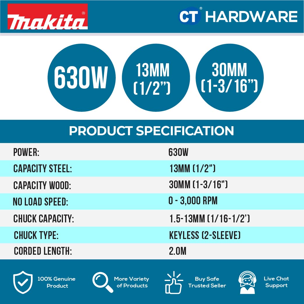 MAKITA DP4021 CORDED DRILL 630W | 13MM (1/2") | 0-3000RPM KEYLESS CHUCK 1.513MM (1/16-1/2" )
