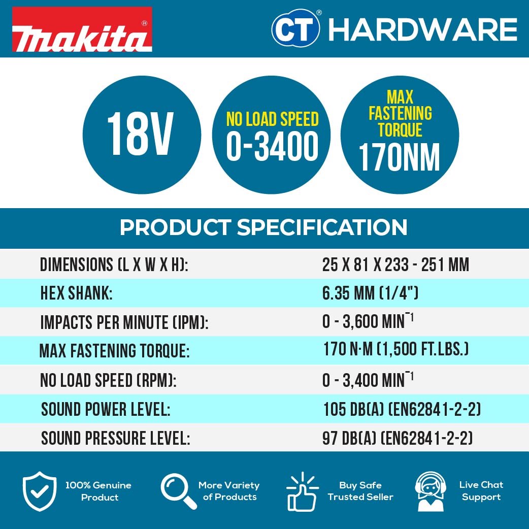 Makita DTD158Z | DTD158WVE LXT 18V Cordless Impact Driver 170NM (Body Only | 2-Battery)