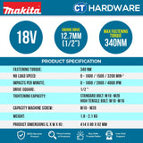 Makita DTL300Z Cordless Angle Impact Wrench 18V | 1/2" | 310-340NM Without Battery and Charger