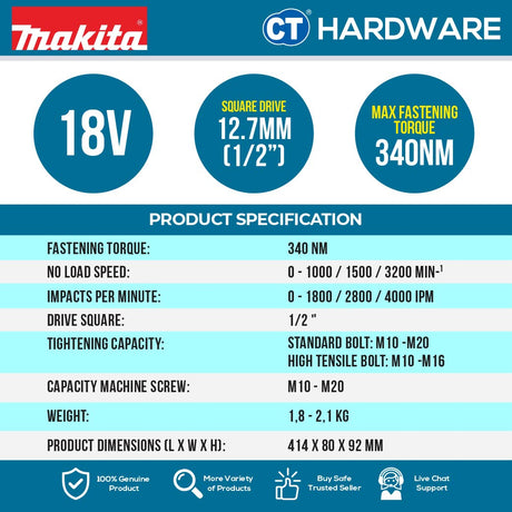 Makita DTL300Z Cordless Angle Impact Wrench 18V | 1/2" | 310-340NM Without Battery and Charger
