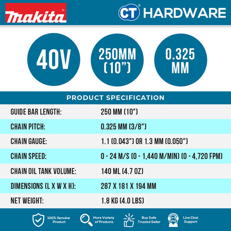 Makita DUC258Z 18V Cordless Chain Saw 250 mm (10") Without Battery and Charger