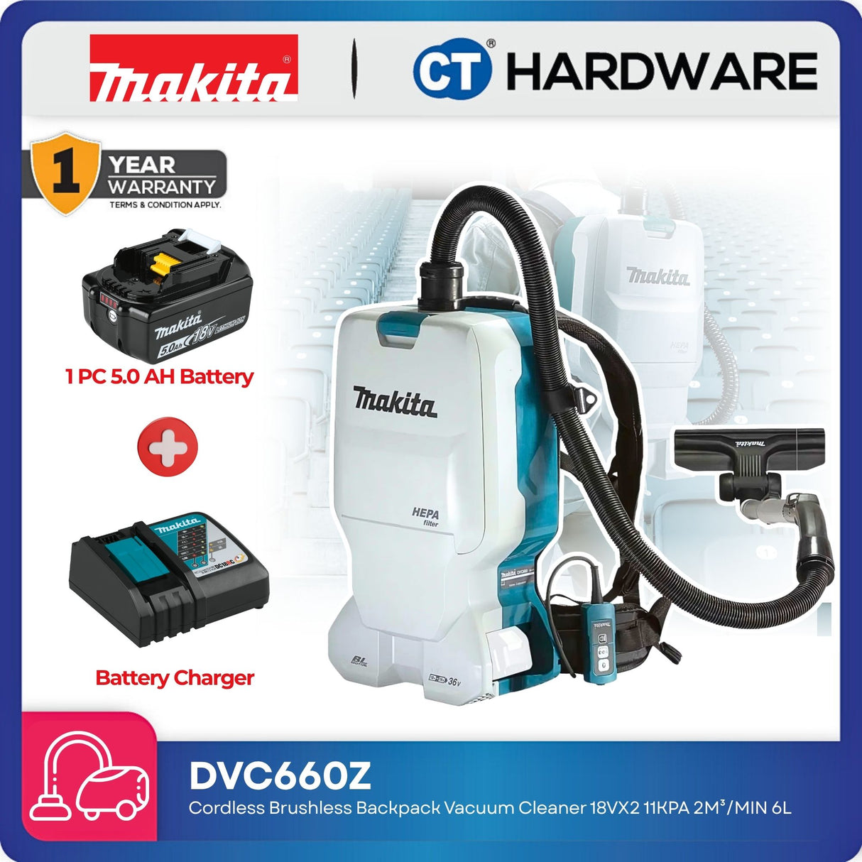 Makita DVC660Z Cordless Brushless Backpack Vacuum Cleaner 36V (18Vx2) | 11kPa | 2.0m³/min | 6L [With 5.0Ah Battery]