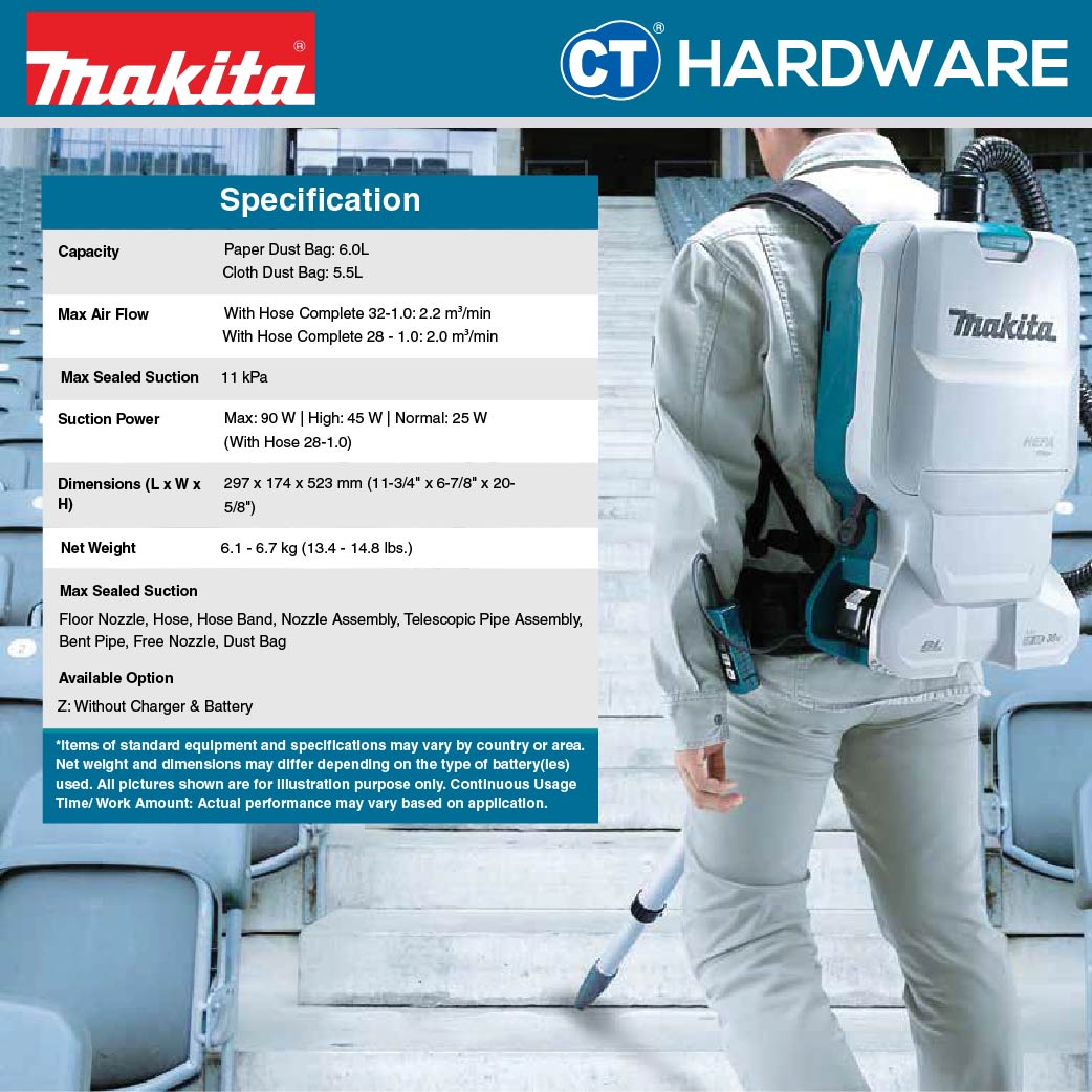 Makita DVC660Z Cordless Brushless Backpack Vacuum Cleaner 36V (18Vx2) | 11kPa | 2.0m³/min | 6L [With 5.0Ah Battery]