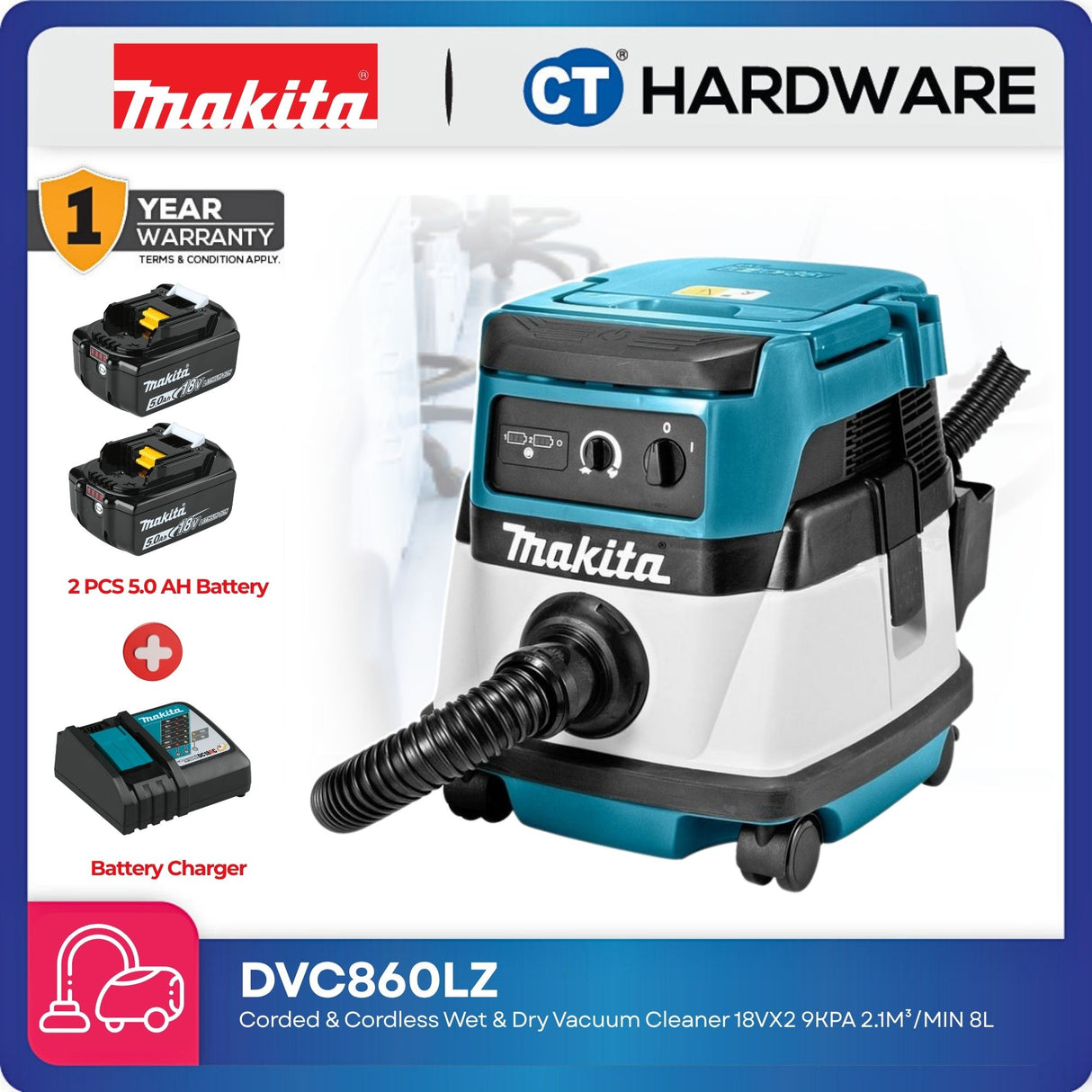 MAKITA DVC860LZ Corded & Cordless Wet & Dry Vacuum Cleaner 36V (18Vx2) [Set Pack with 2x 5.0Ah Batteries & Charger]
