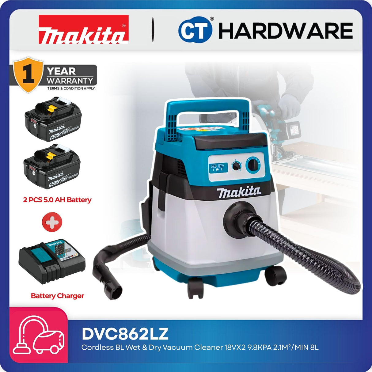 MAKITA DVC862LZ Cordless BL Wet & Dry Vacuum Cleaner 36V (18Vx2) | 9.8kPa | 2.1m³/min | 8L [Set Pack with 2x 5.0Ah Batteries & DC18RC Charger]