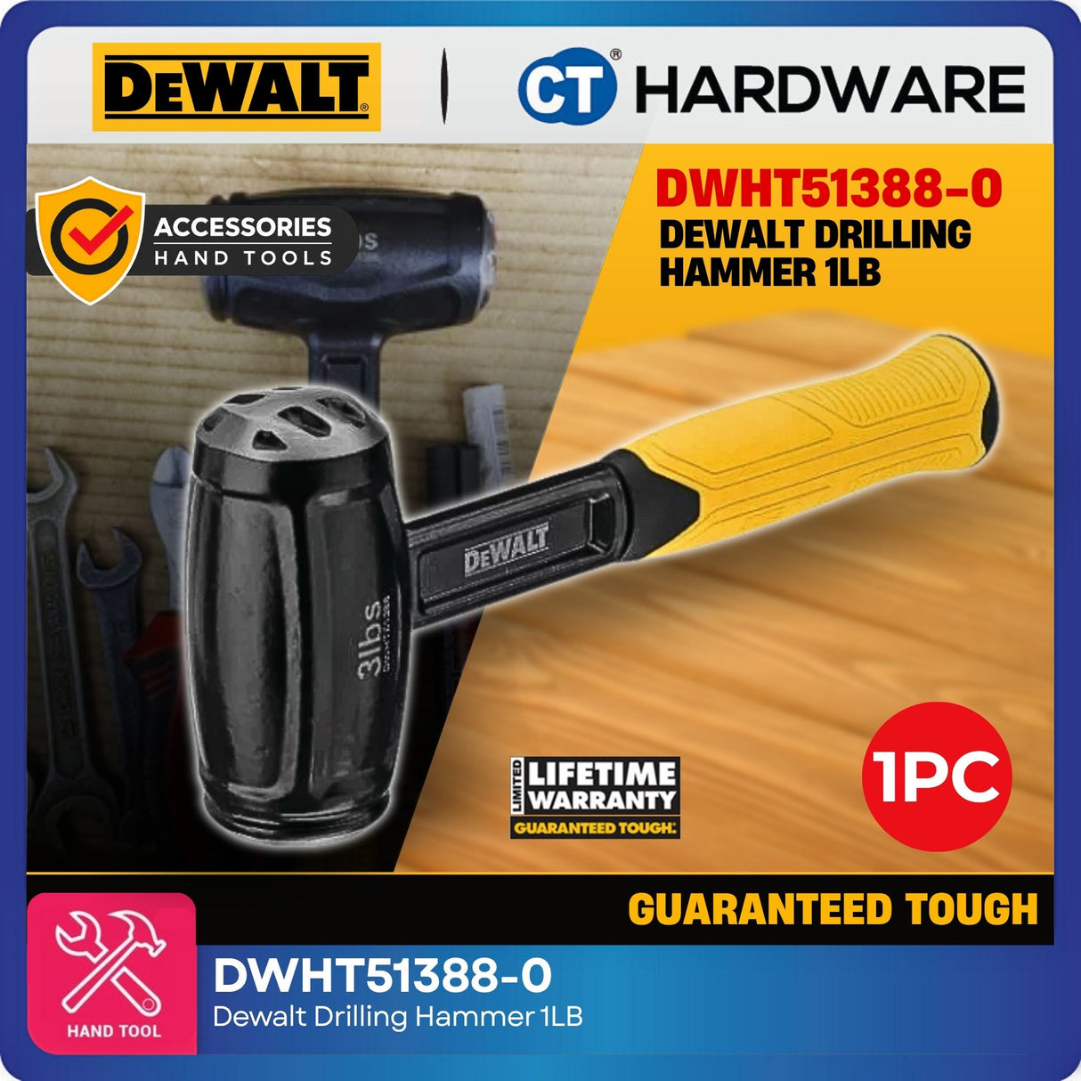 DEWALT DWHT51388-0 3lb One-Piece Steel Drilling Hammer | Heavy Duty Club Hammer for Demolition & Masonry