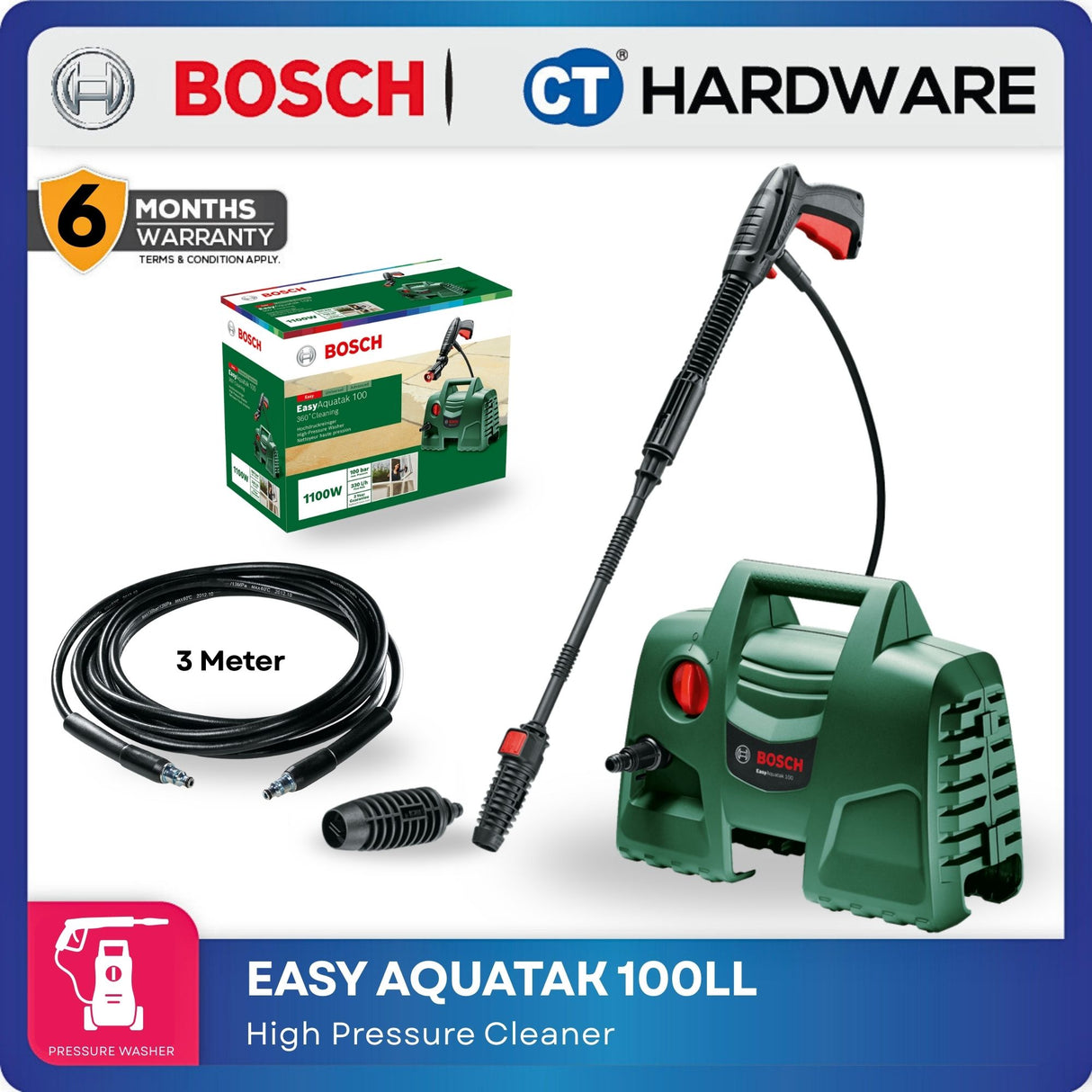 Bosch High Pressure Cleaner with Long Lance 1100W 230V 100bar 5L/min [06008A7EL1] EasyAquatak100LL