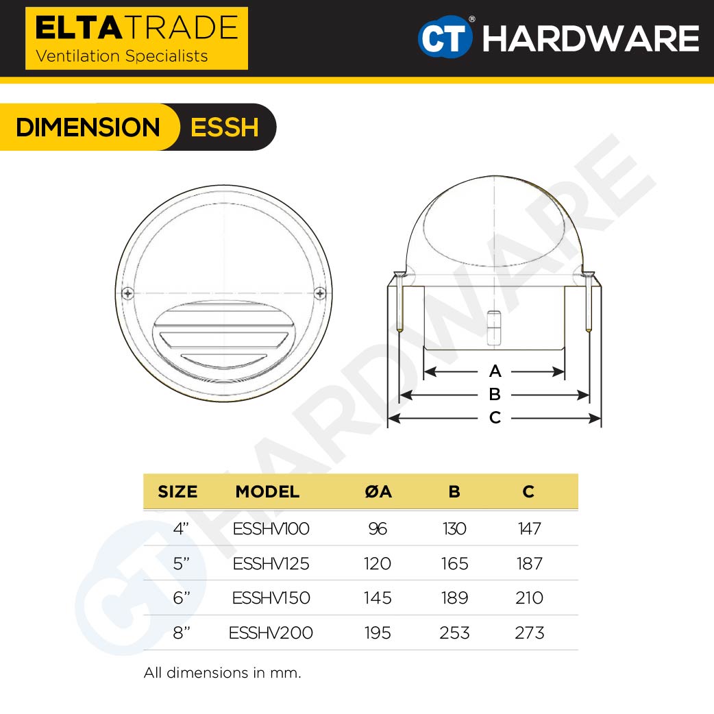 ELTA TRADE ESSHV (4", 5", 6", 8") EXTERNAL ACCESSORIES STAINLESS STEEL HOOD VENT