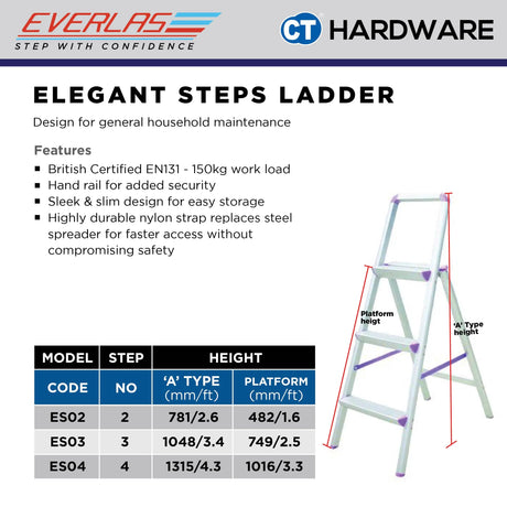 Everlas ES Series Elegant Steps Ladder 2 Rungs - 4 Rungs | 150kg Max Load | SIRIM