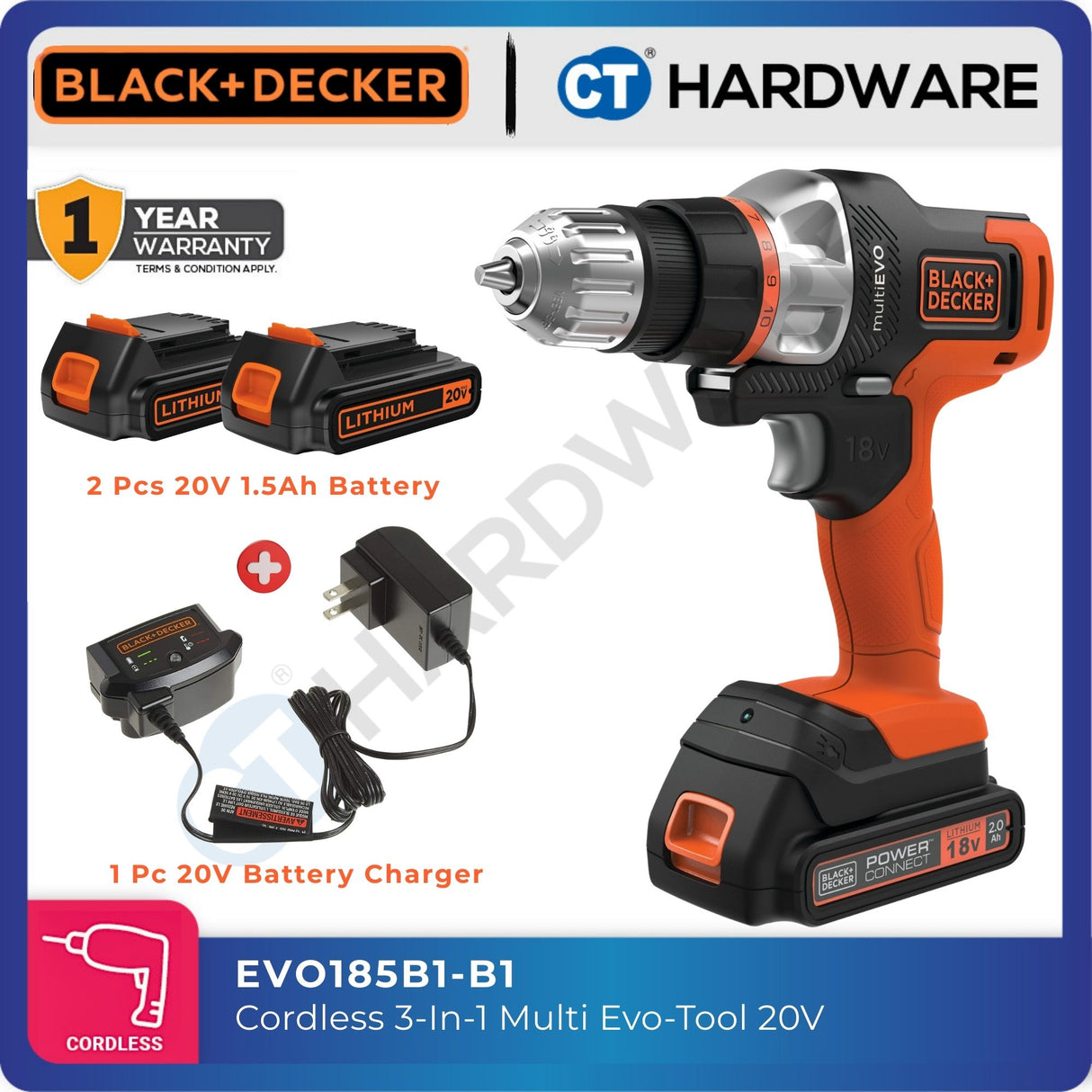 BLACK+DECKER EVO185B1-B1 Cordless 3-in-1 MultiEVO Tool Combo Set 18V / 20V Max (With 1.5Ah Battery)