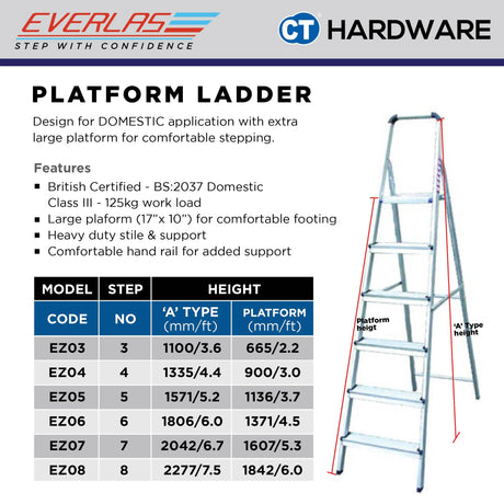 Everlas EZ Series Platform Ladder 3 Steps - 8 Steps | 125kg Max Load | SIRIM