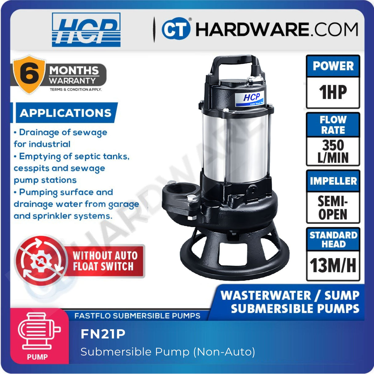 HCP FN21P SUBMERSIBLE SEWAGE EFFLUENT PUMPS 2" | 1/2HP | 200L/M | AUTO [ FN21P ]