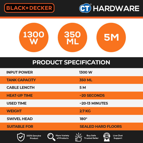 BLACK+DECKER FSM1605 EPP 1300W Steam Mop 350ml – 5m Cable, 180° Swivel Head