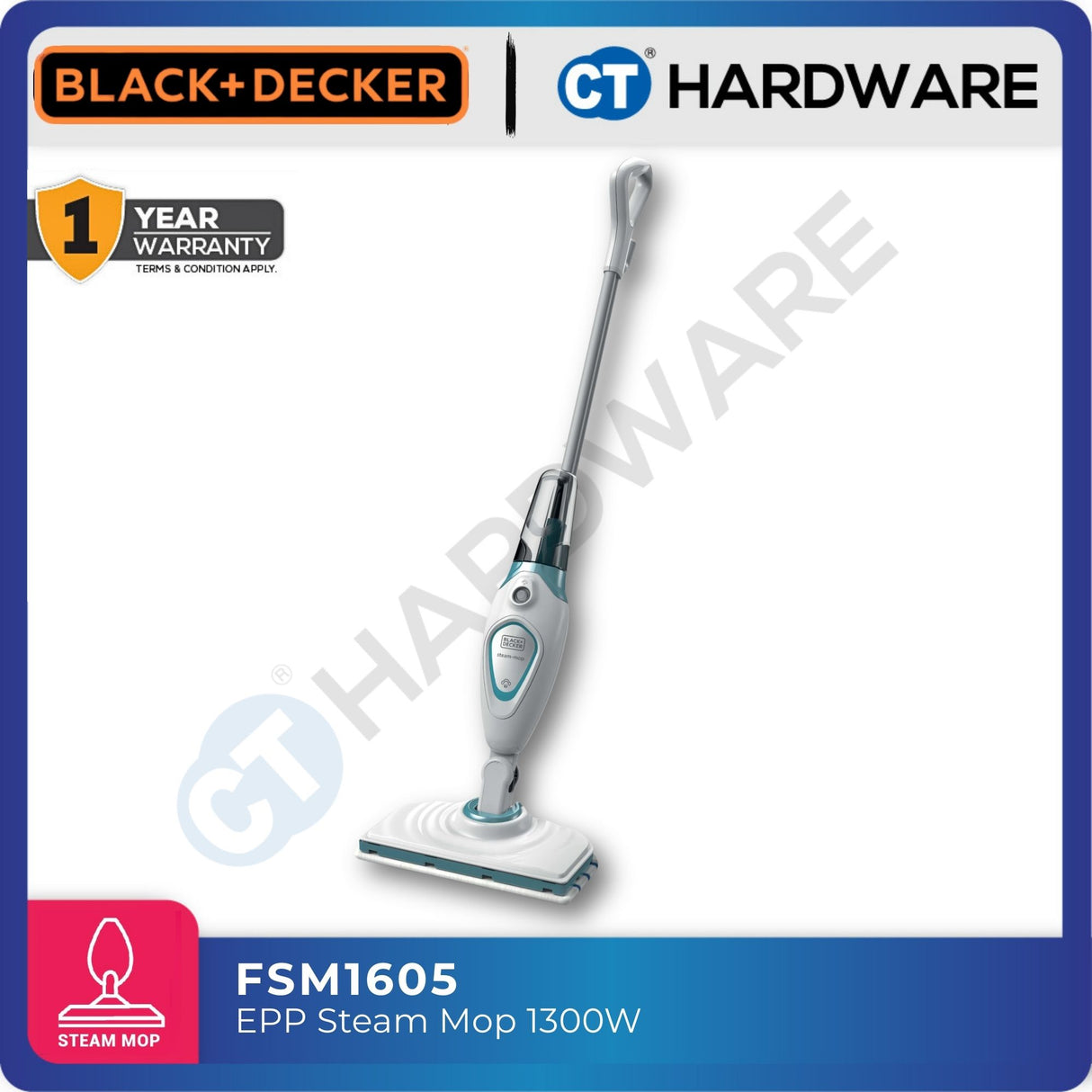 BLACK+DECKER FSM1605 EPP 1300W Steam Mop 350ml – 5m Cable, 180° Swivel Head