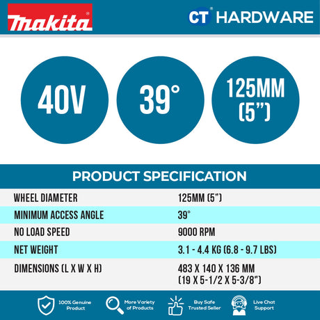 MAKITA GA056GZ CORDLESS FLAT HEAD ANGLE GRINDER 40V | 5" | 9000RPM WITHOUT BATTERY CHARGER [ PADDLE SWITCH ]