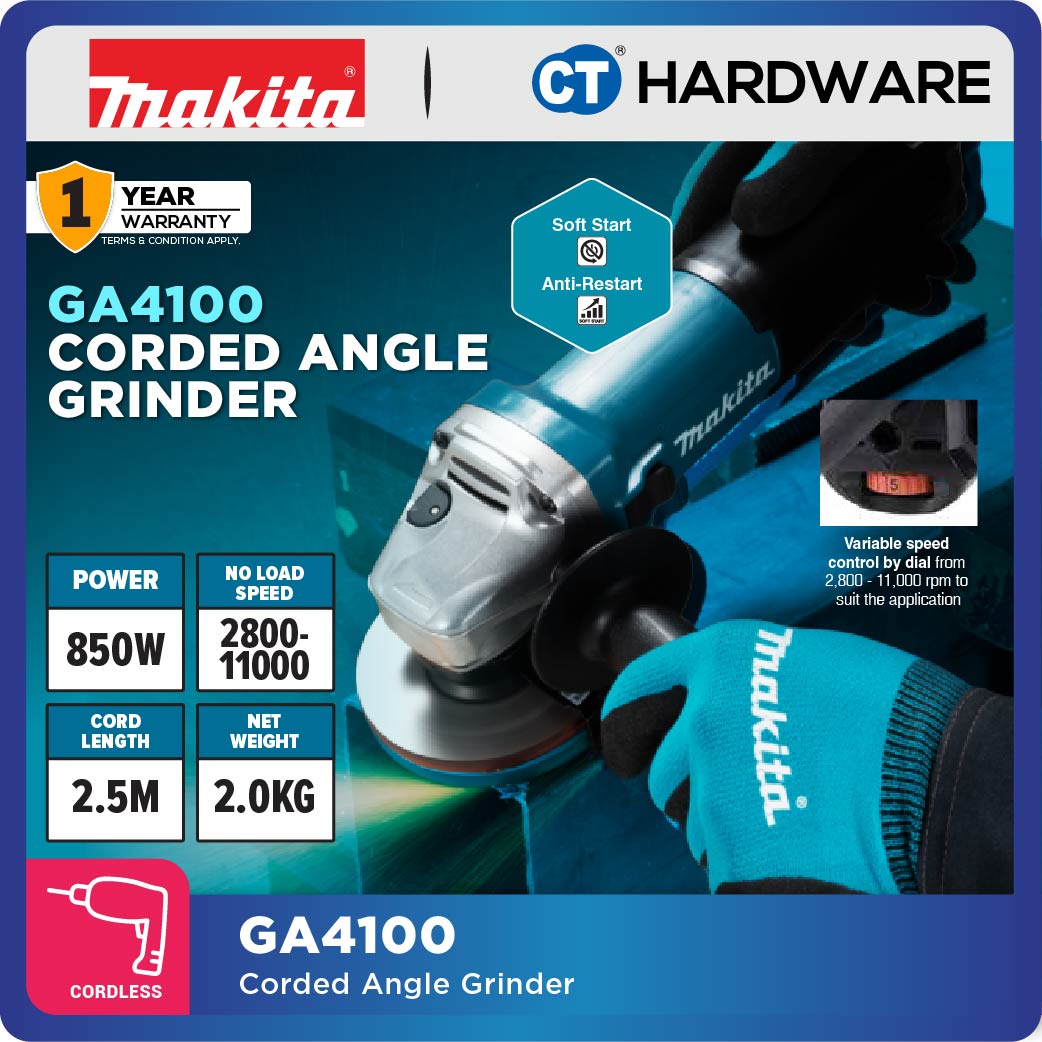 Makita GA4100 Angle Grinder 4" 100mm 850W (Slide Switch)