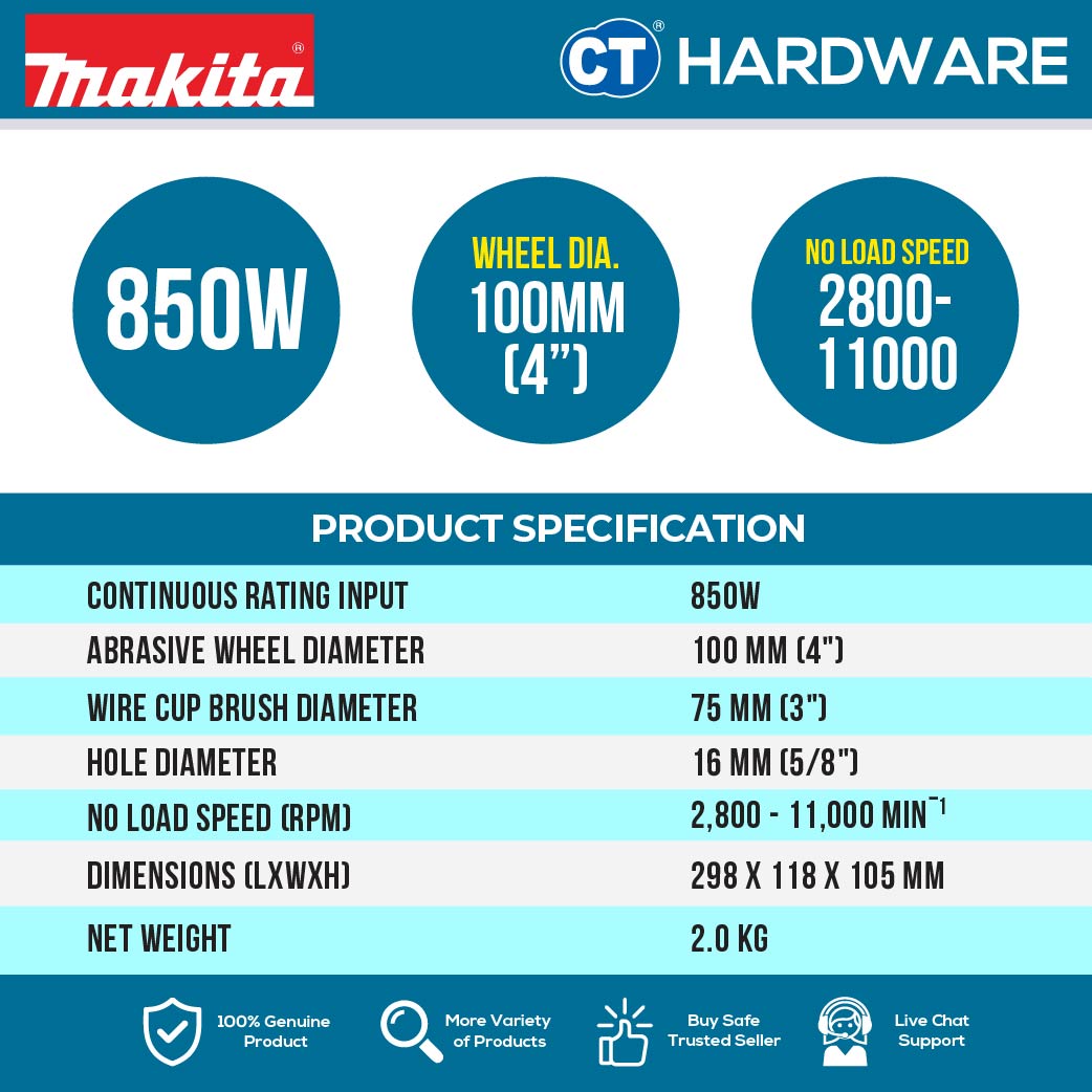 Makita GA4100 Angle Grinder 4" 100mm 850W (Slide Switch)