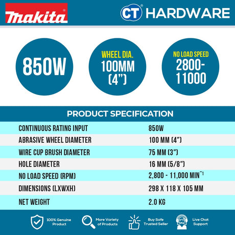 Makita GA4100 Corded Angle Grinder 4" | 850W | 11000RPM | 2.5M