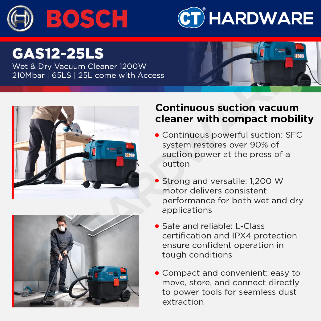 Bosch PRO GAS12-25LS Wet & Dry Vacuum Cleaner 1200W 25L [06019S31L0]
