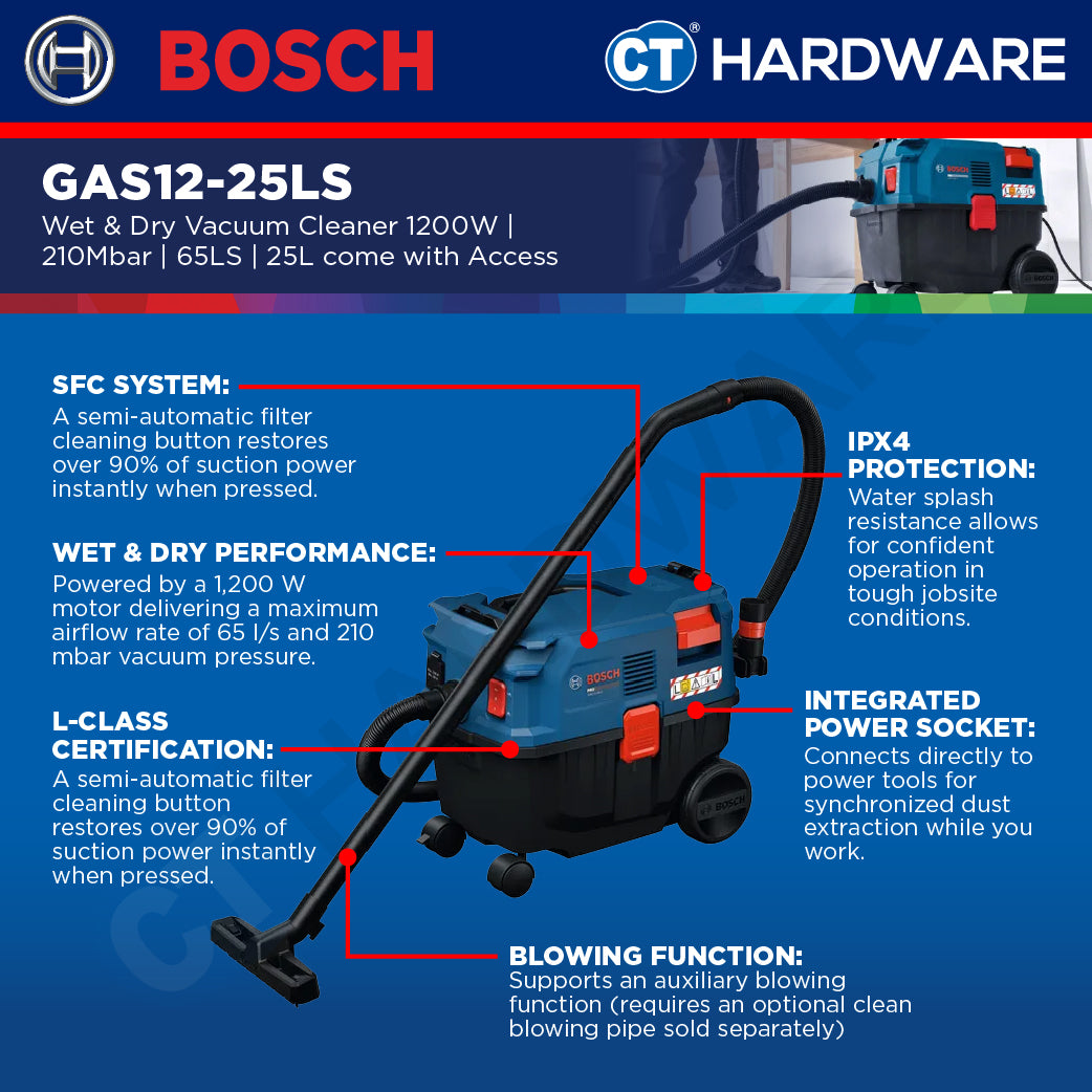 Bosch PRO GAS12-25LS Wet & Dry Vacuum Cleaner 1200W 25L [06019S31L0]