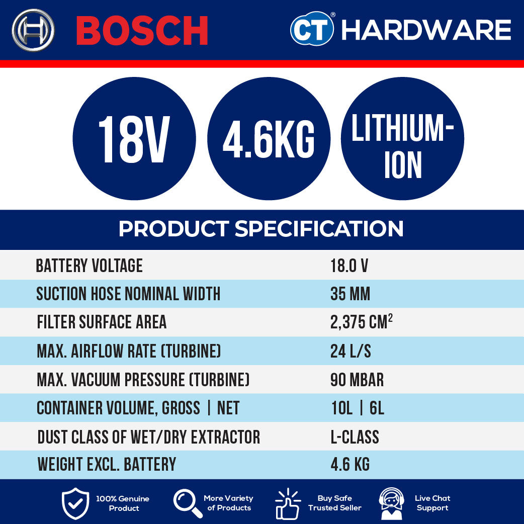 Bosch GAS 18V-10 L PREMIUM SOLO Cordless Vacuum Cleaner 18V | 90MBAR | 10L [ GAS18V10LPREMIUMSOLO ]