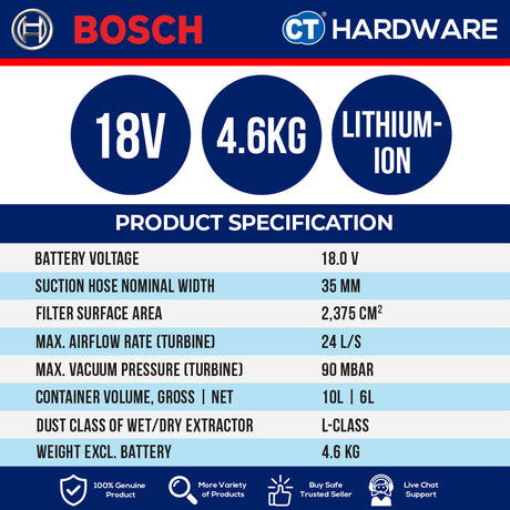 Bosch GAS 18V-10 L PREMIUM SOLO Cordless Vacuum Cleaner 18V | 90MBAR | 10L [ GAS18V10LPREMIUMSOLO ]