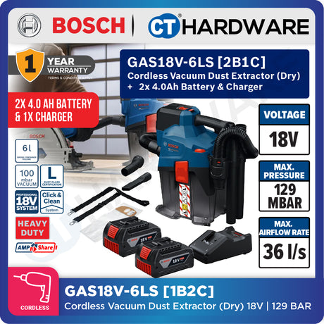Bosch PRO GAS18V-6LS Cordless Dust Extractor 18V 06019K2180 (Body Only | 1-Battery | 2-Battery)