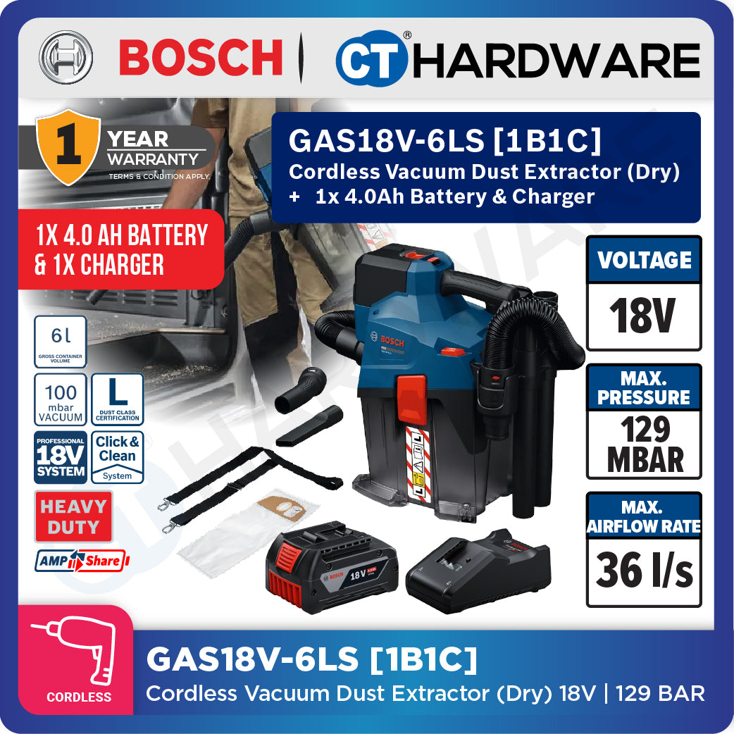 Bosch PRO GAS18V-6LS Cordless Dust Extractor 18V 06019K2180 (Body Only | 1-Battery | 2-Battery)