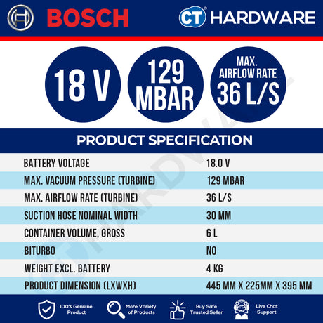 Bosch PRO GAS18V-6LS Cordless Dust Extractor 18V 06019K2180 (Body Only | 1-Battery | 2-Battery)