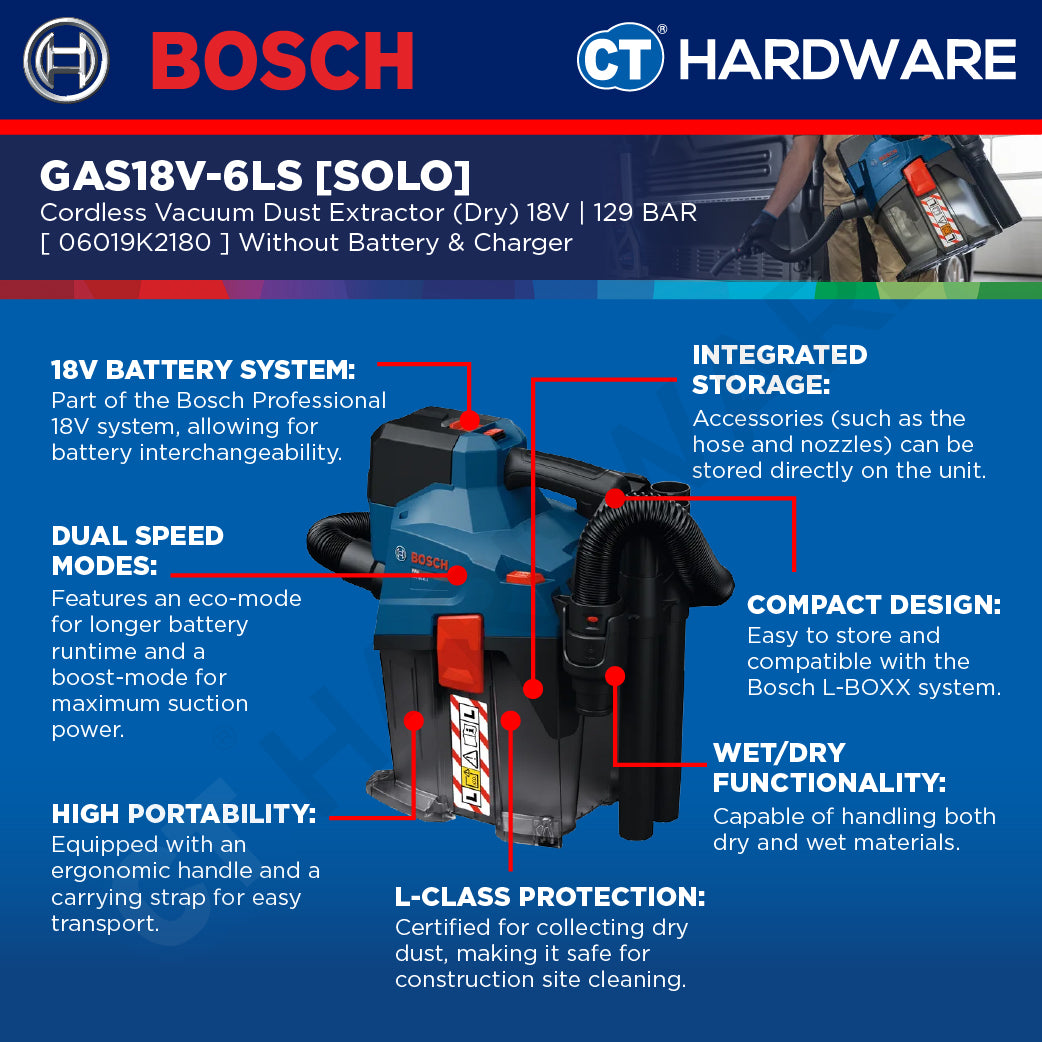Bosch PRO GAS18V-6LS Cordless Dust Extractor 18V 06019K2180 (Body Only | 1-Battery | 2-Battery)