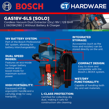 Bosch PRO GAS18V-6LS Cordless Dust Extractor 18V 06019K2180 (Body Only | 1-Battery | 2-Battery)