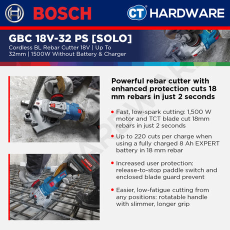 Bosch PRO GBC 18V-32 PS Cordless Brushless Rebar Cutter 18V 32mm Solo [06019S70K0]