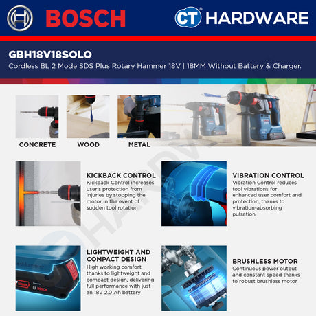 Bosch GBH18V18 Cordless Brushless 2 Mode SDS Plus Rotary Hammer 18V | 18 MM | GBH18V18SOLO | GBH18V18XONECHUCKSOLO