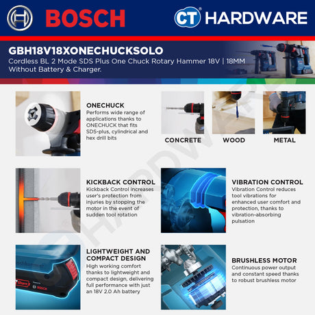 Bosch GBH18V18 Cordless Brushless 2 Mode SDS Plus Rotary Hammer 18V | 18 MM | GBH18V18SOLO | GBH18V18XONECHUCKSOLO