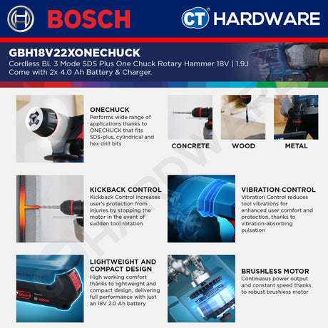 Bosch GBH18V22XONECHUCK Cordless Brushless 3 Mode SDS Plus One Chuck Rotary Hammer 18V | 1.9J