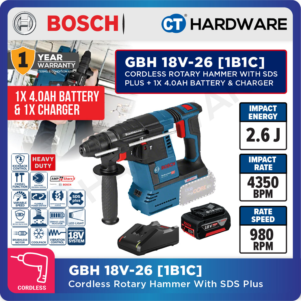 Bosch GBH 18V-26 SOLO Cordless Rotary Hammer 18V SDS Plus, 2.6J Without Battery & Charger, GBH18V26SOLO
