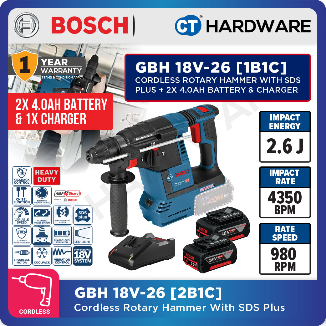 Bosch GBH 18V-26 SOLO Cordless Rotary Hammer 18V SDS Plus, 2.6J Without Battery & Charger, GBH18V26SOLO