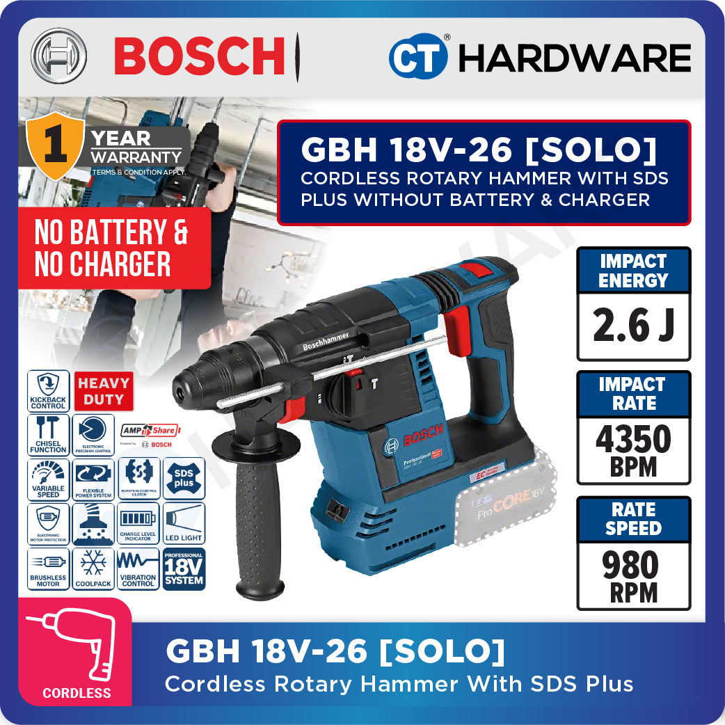 Bosch GBH 18V-26 SOLO Cordless Rotary Hammer 18V SDS Plus, 2.6J Without Battery & Charger, GBH18V26SOLO
