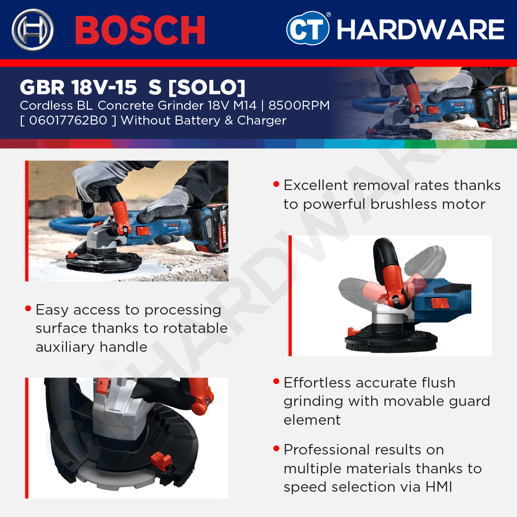Bosch PRO GBR 18V-15 S Cordless Concrete Grinder 18V 06017762B0 (Body Only | 2-Battery)