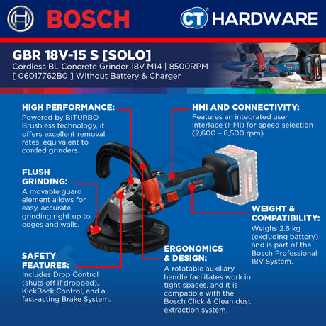 Bosch PRO GBR 18V-15 S Cordless Concrete Grinder 18V 06017762B0 (Body Only | 2-Battery)