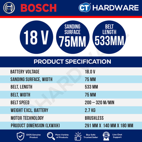 Bosch PRO GBS18V-75 Cordless Belt Sander 18V 06012C20080 (Body Only | 1-Battery | 2-Battery)