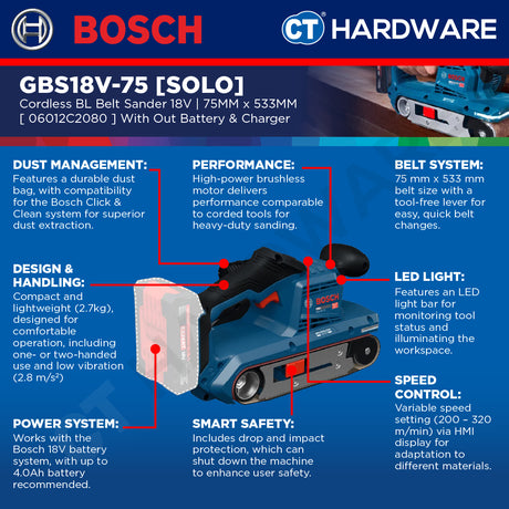 Bosch PRO GBS18V-75 Cordless Belt Sander 18V 06012C20080 (Body Only | 1-Battery | 2-Battery)
