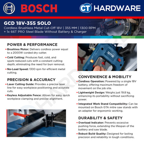 Bosch GCD 18V-355 SOLO Cordless Brushless Metal Cut-Off Saw 18V | 355MM | 0601B59000 + 1x 66T PRO Steel Blade Without Battery & Charger | GCD18V355SOLO